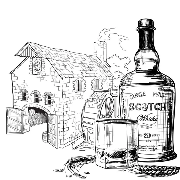 Whisky de grano a botella. Dibujo estilo tinta blanco y negro aislado sobre fondo blanco — Archivo Imágenes Vectoriales