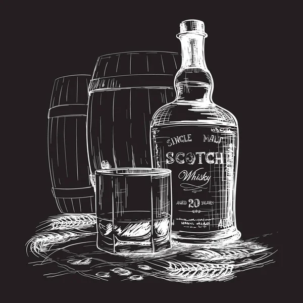 Láhev skotské whiskey, sklenice a sudy s ječným ušima a zrní. Bílý lineární nákres izolovaný na černém pozadí. — Stockový vektor