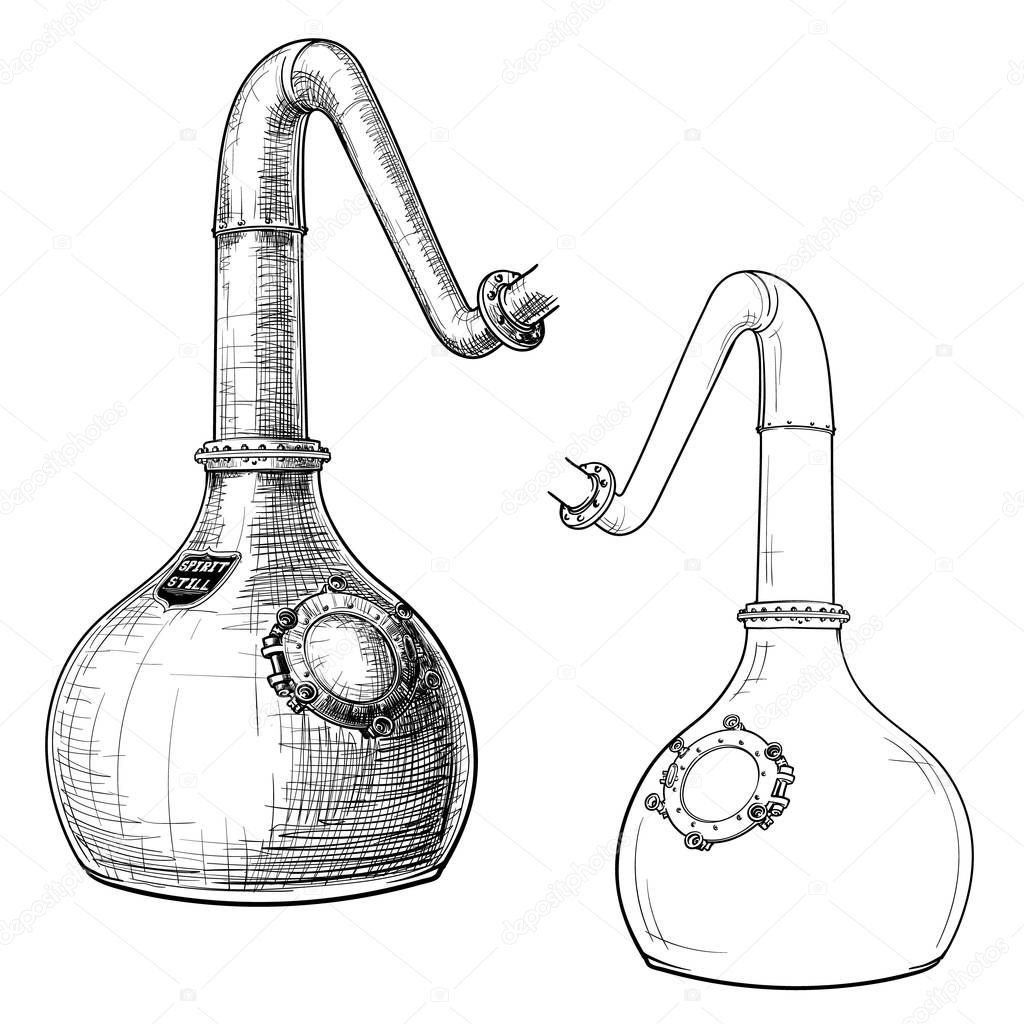 Whiskey from grain to bottle. A Swan necked copper Stills. Black and white ink style drawing isolated on white background