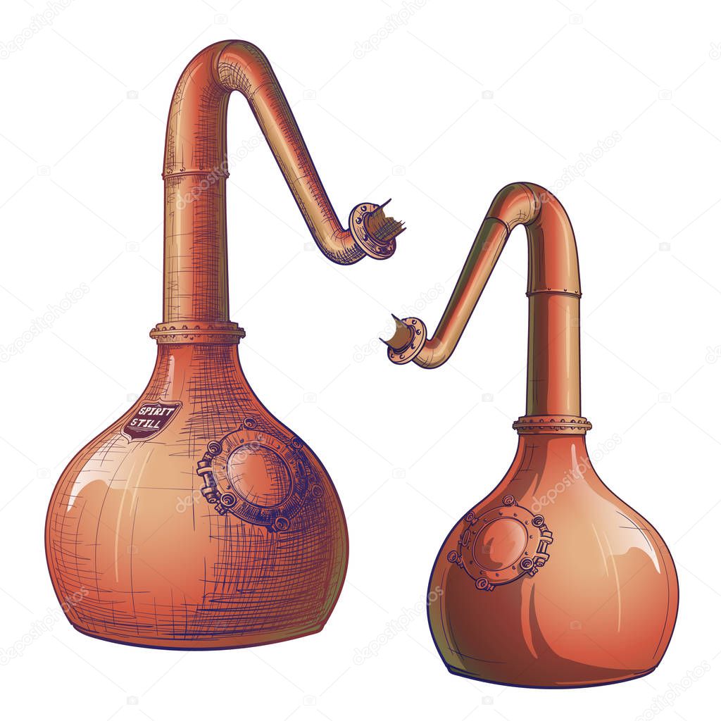 Whiskey from grain to bottle. A Swan necked copper Stills. Painted sketch style drawing.