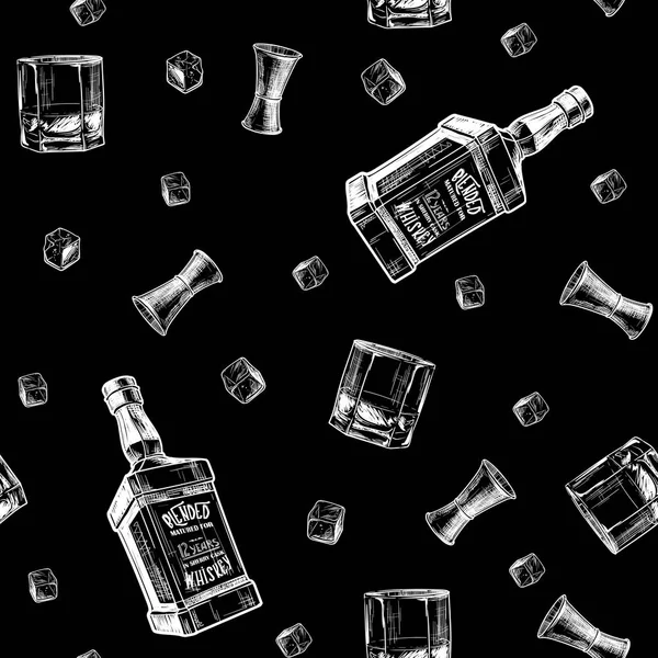 Ingredientes para el mejor sabor del whisky. Botellas, jigger, vasos y cubitos de hielo. Patrón sin costura . — Archivo Imágenes Vectoriales