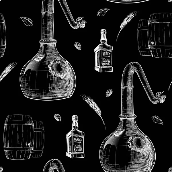 Proceso de fabricación de whisky de grano a botella. Patrón sin costura . — Vector de stock