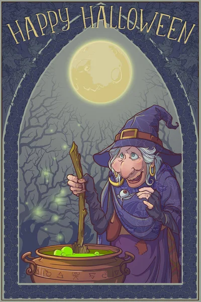 Old witch in a cone hat with her black cat brewing a magic potion in a cauldron. Halloween cartoon style character. Linear drawing brightly colored and shaded. Isolated on a white background.