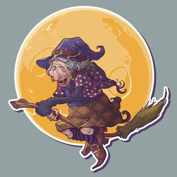 Halloween Witch jazda miotu żółty księżyc na tle. Naklejka Halloweenowa. — Wektor stockowy