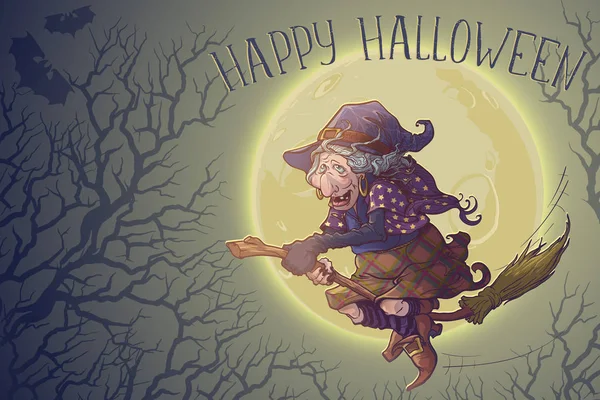 Bruja de Halloween montando la escoba a través del bosque iluminado por la luna de árboles desnudos. Tarjeta de felicitación de Halloween . — Vector de stock