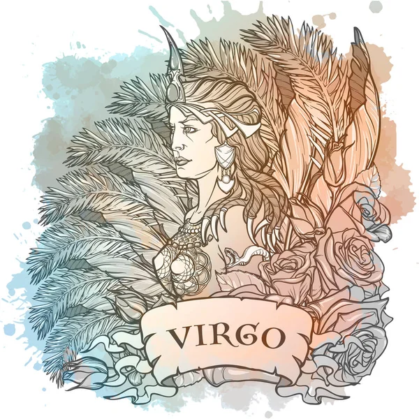 Signo zodiacal de Virgo, elemento de la Tierra. Dibujo lineal intrincado sobre fondo texturizado acuarela . — Vector de stock