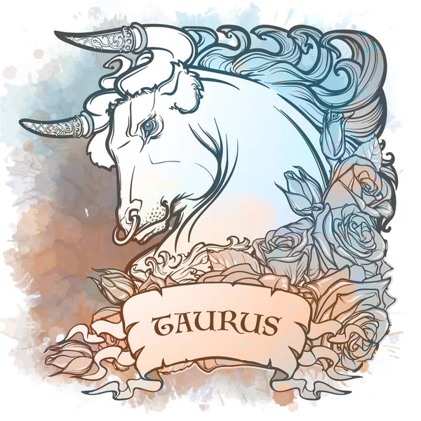 Signo zodiacal de Tauro, elemento de la Tierra. Dibujo lineal intrincado sobre fondo texturizado acuarela . — Archivo Imágenes Vectoriales