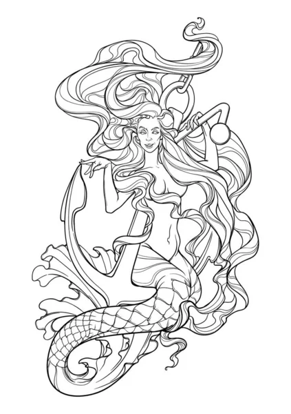 Schöne Meerjungfrau mit langen welligen Haaren sitzt auf Anker — Stockvektor