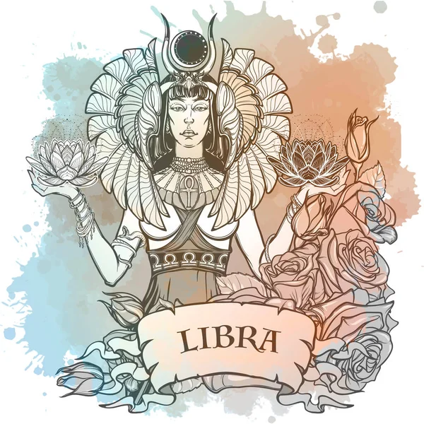 Zodiac tecken på Libra, inslag av luft. Intrikatera linjär ritning på akvarell texturerad bakgrund. — Stock vektor
