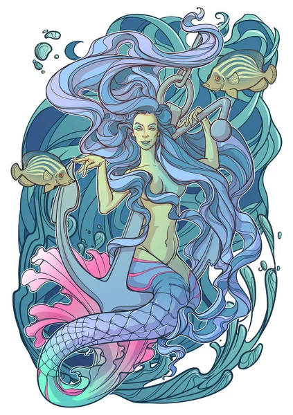 Hermosa sirena con el pelo ondulado largo sentado en el ancla — Vector de stock