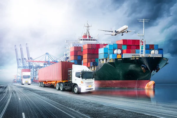 Import Export Achtergrond Vervoer Logistiekindustrie Voor Containervracht Vrachtschip Avondrood — Stockfoto