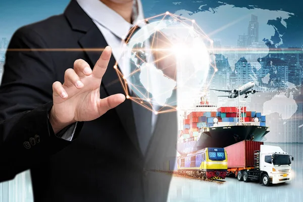 Businessman Holding Digital Globe Palm Logistics Import Export Background Container — Stock Photo, Image