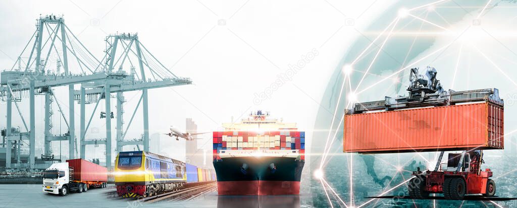 Global business logistics import export concept, container truck, ship in port and freight cargo plane in transport, logistics network distribution, online goods orders