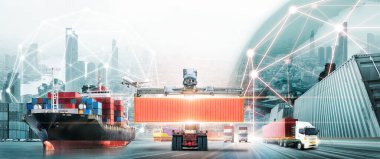 Küresel iş lojistik ihracat konsepti, konteynır kamyonu, limandaki gemi ve taşımacılık kargo uçağı, lojistik ağ dağıtımı, çevrimiçi mal siparişleri