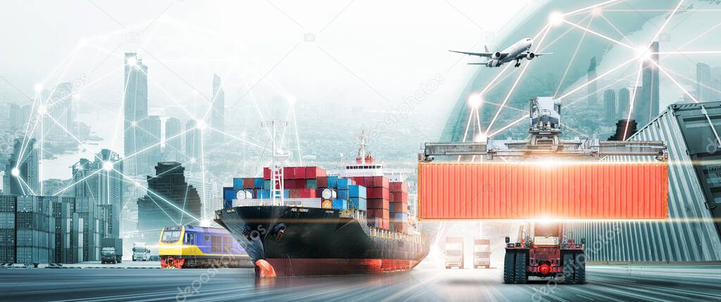 Global business logistics import export concept, container truck, ship in port and freight cargo plane in transport, logistics network distribution, online goods orders