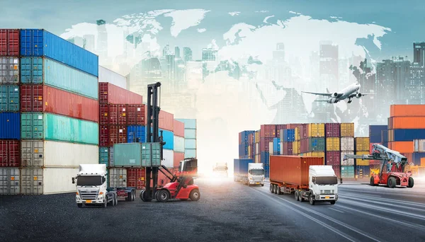 Global Business Logistics Import Export Pozadí Kontejnerové Nákladní Automobily Vysokozdvižné — Stock fotografie