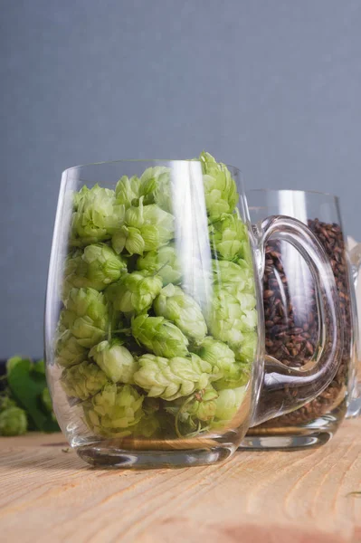 Hopfenzapfen Malz Glasbecher Nahaufnahme Zutat Craft Beer Das Aus Getreidegerstenmalz — Stockfoto