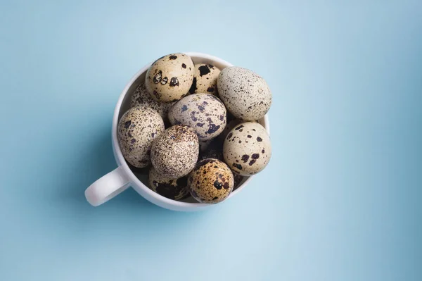 Œufs Caille Tasse Sur Fond Bleu — Photo