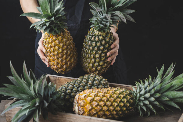 Fresh pineapples on the dark background