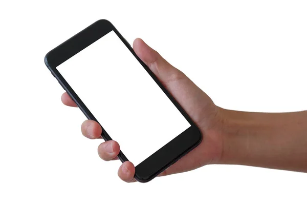 Kırpma yolu ile beyaz arka plan üzerinde sağ elinde telefon.