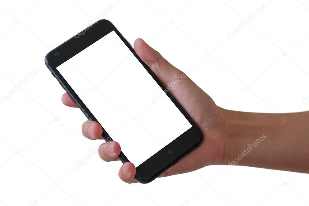 Phone in right hand on white background with clipping path.