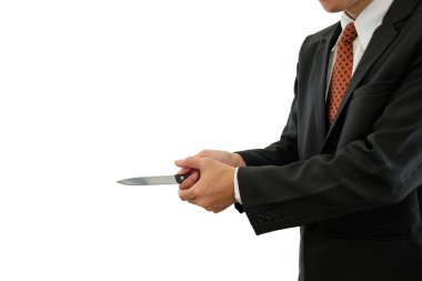 Kırpma yolu ile beyaz arka plan üzerinde işadamı elinde bıçak parlar