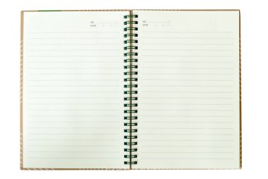 Üst görünüm defteri beyaz arkaplanda açık. Kırpma yolu var..