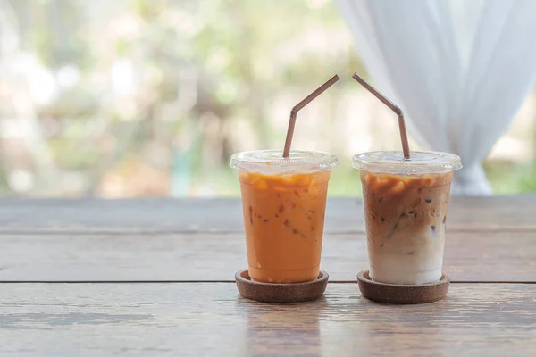 Café Gelado Colocar Perto Chá Gelo Mesa Seu Tubo Frente Fotografia De Stock