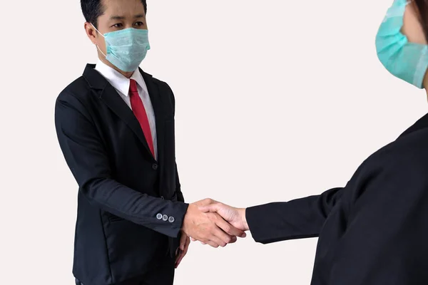 Affärsmän Bära Skydda Mask Och Skaka Hand Grå Bakgrund Med — Stockfoto