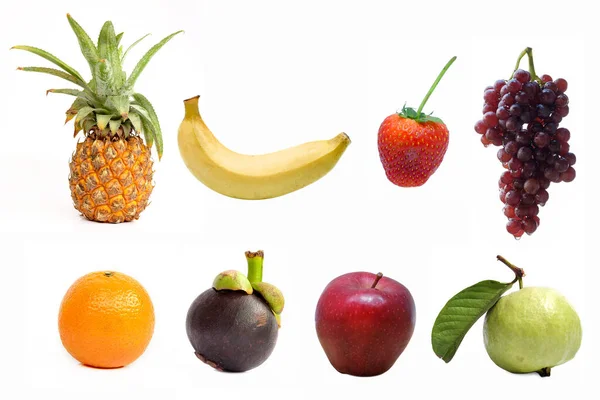 Geïsoleerd Van Acht Vruchten Ananas Banaan Aardbei Druif Sinaasappel Mangosteen — Stockfoto