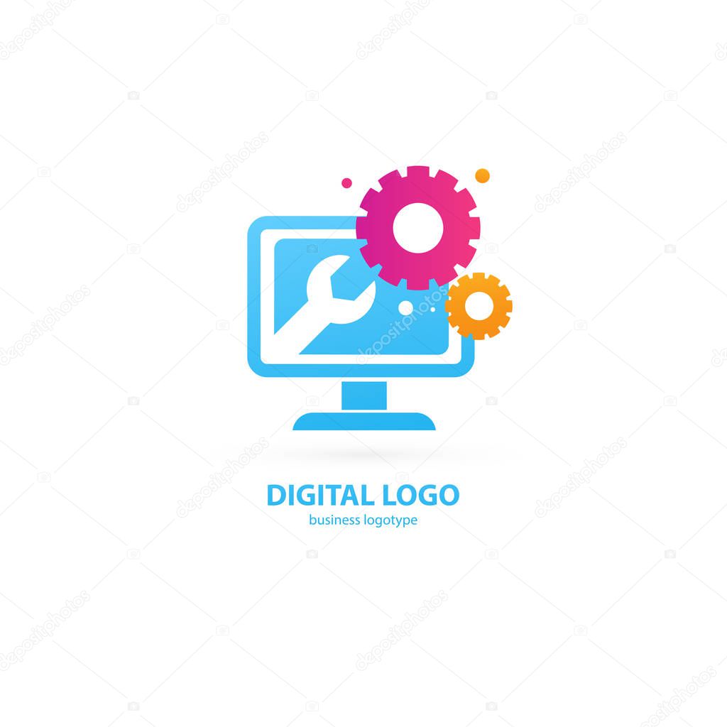 Illustration design of logotype business desktop software. Vector computer web icon.