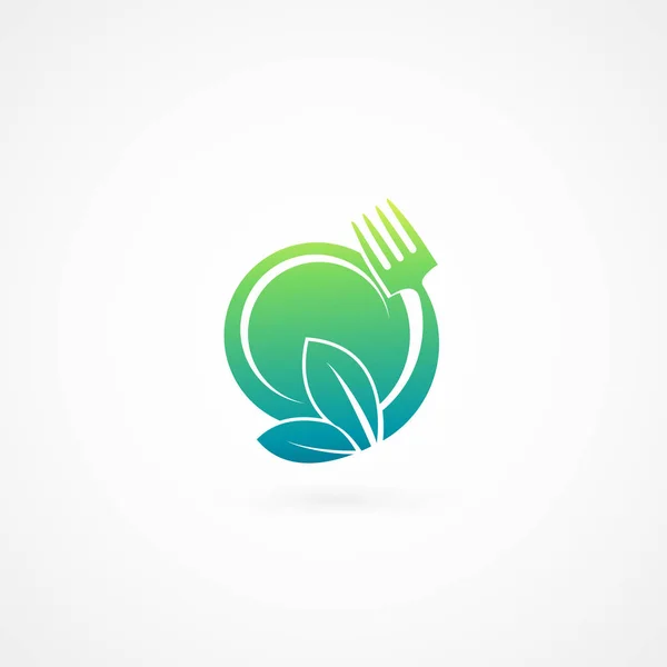 Monoline logo vegan Cafe illüstrasyon tasarımı. Vektör simgesi yaprak plaka üzerinde.