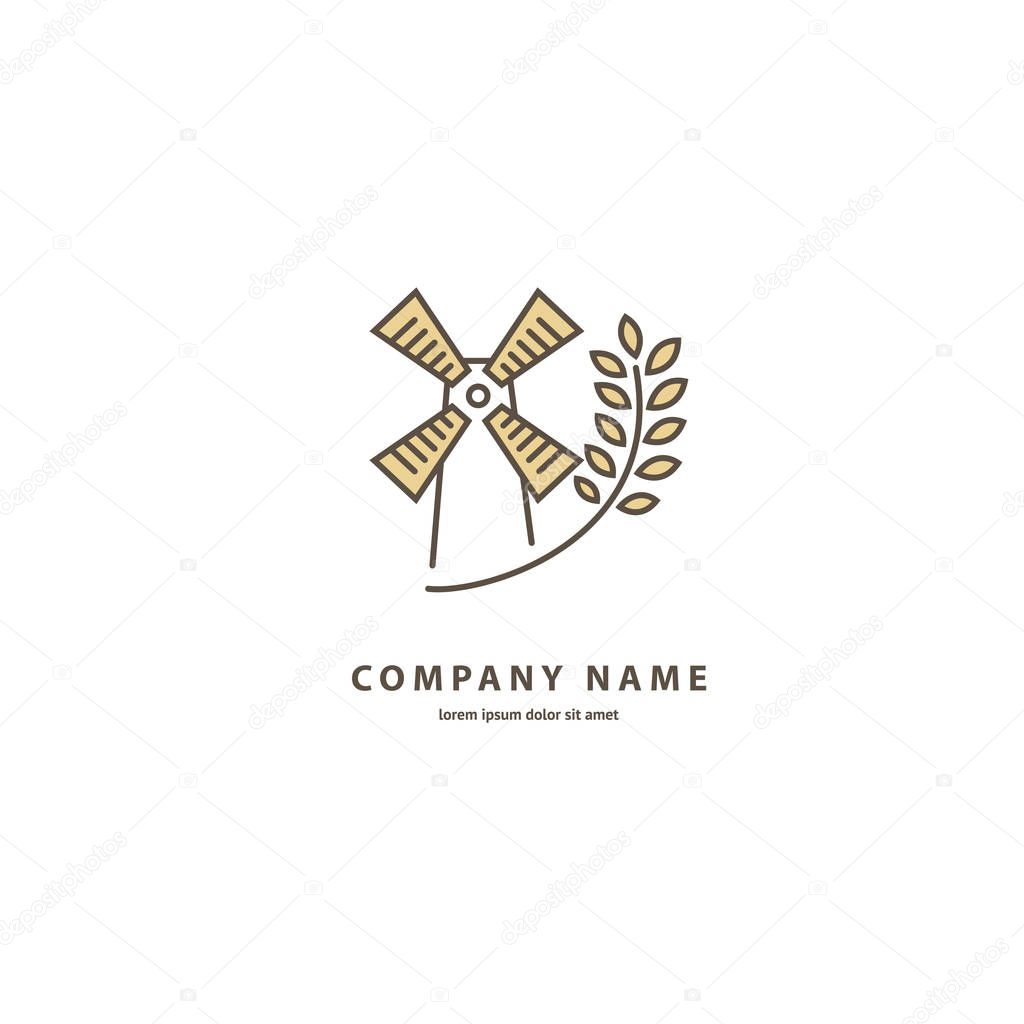 Illustration design of elegant line curve logotype bakery. Vector icon grain wheat and wind mill.