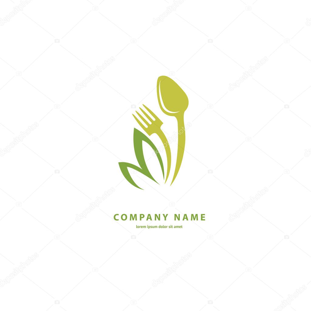Illustration design of color curve logotype vegan food. Vector icon fruit and fork