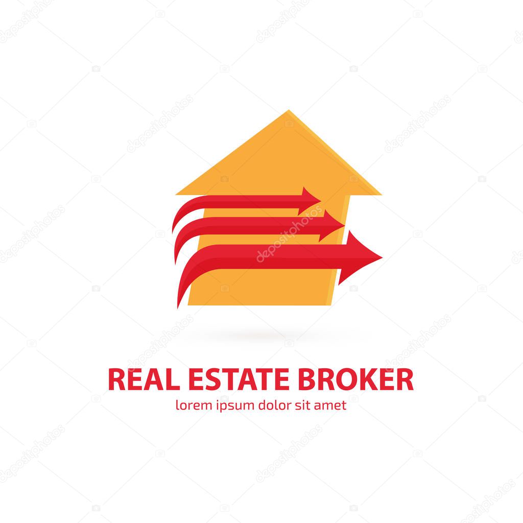 Illustration design of logotype house sale agency . Arrow and building pictogram.