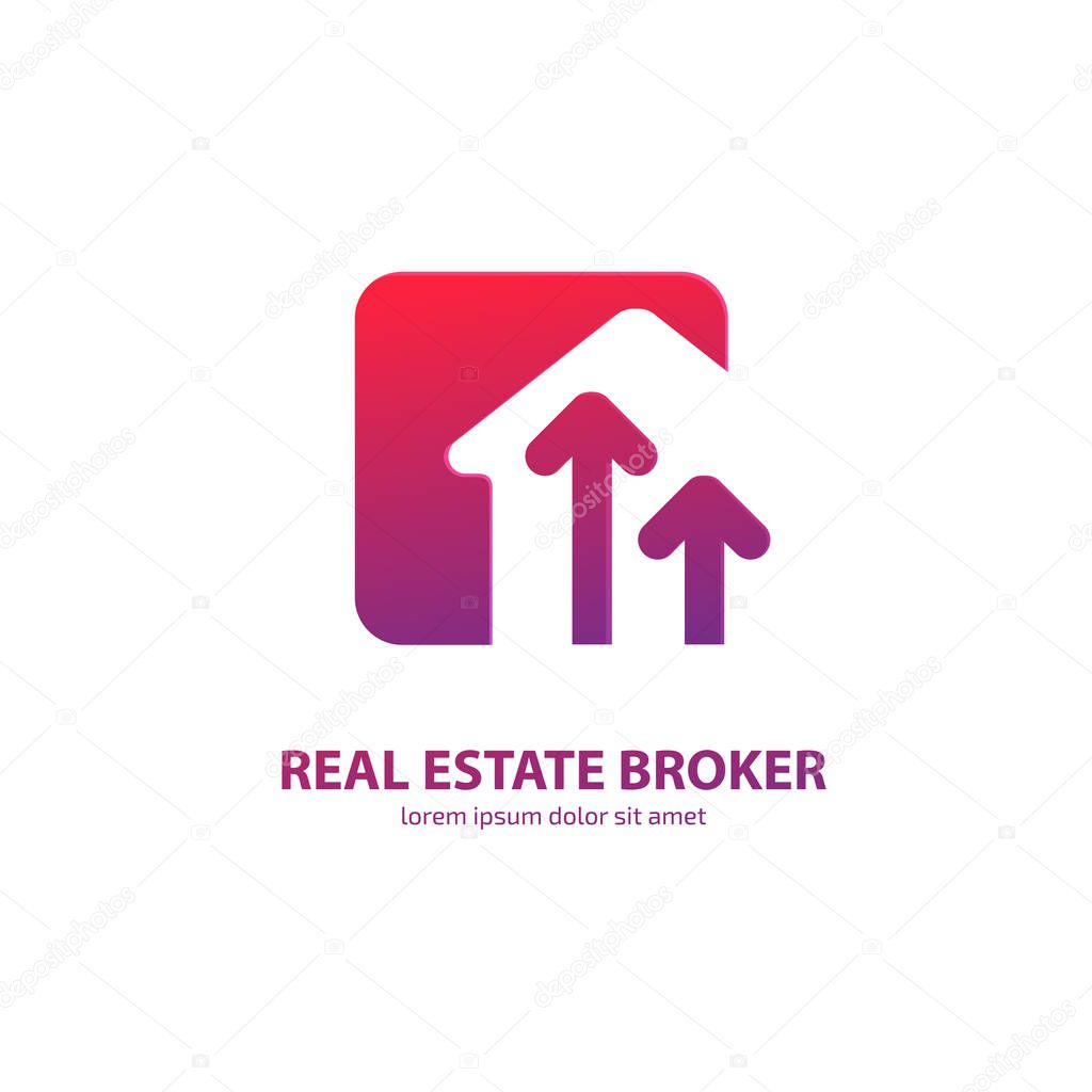 Illustration design of logotype house sale agency . Arrow and building pictogram.