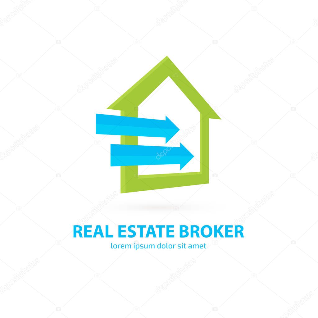 Illustration design of logotype house sale agency . Arrow and building pictogram.