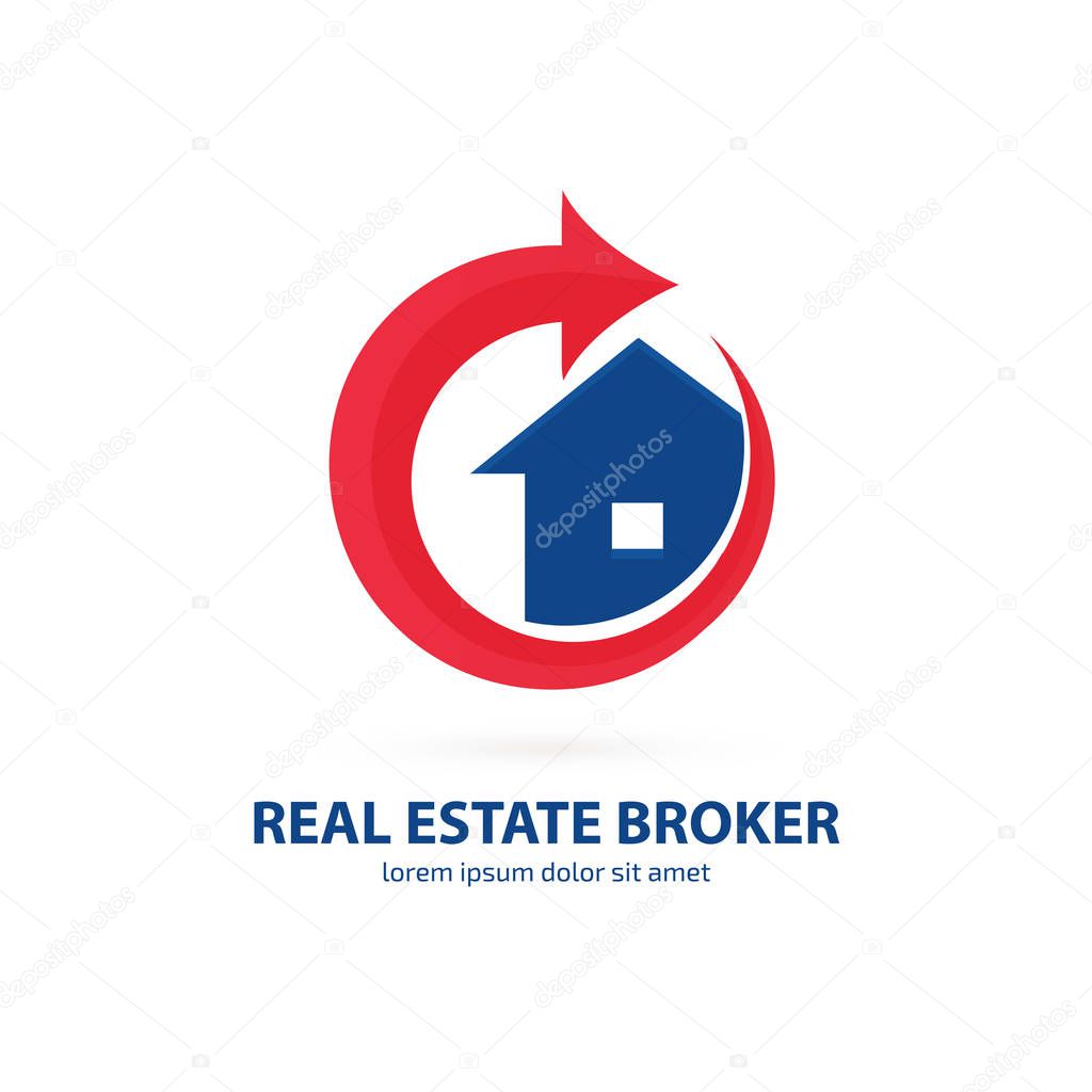 Illustration design of logotype house sale agency . Arrow and building pictogram.