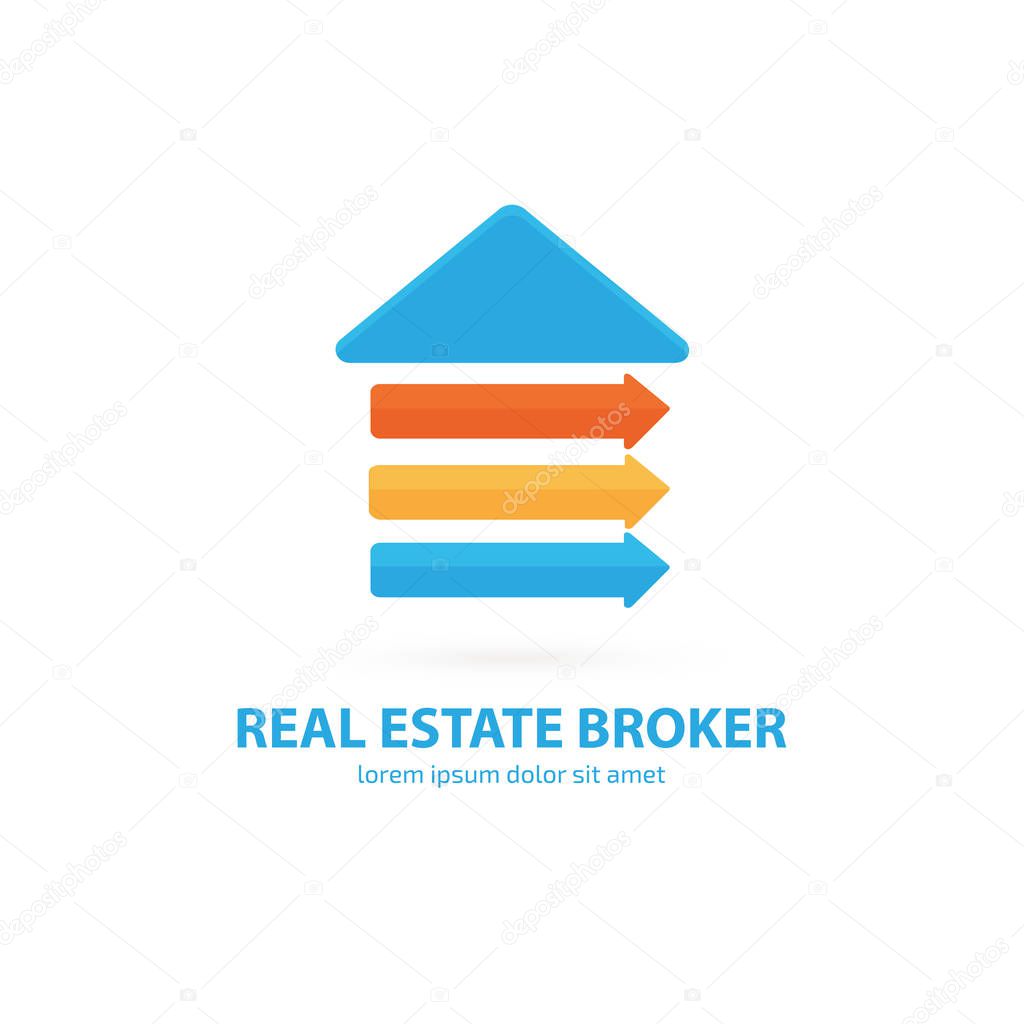 Illustration design of logotype house sale agency . Arrow and building pictogram.