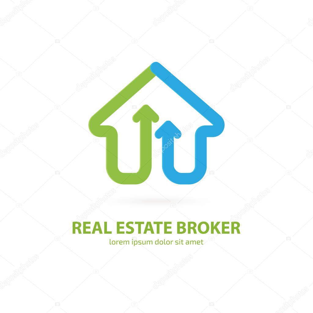 Illustration design of logotype house sale agency . Arrow and building pictogram.