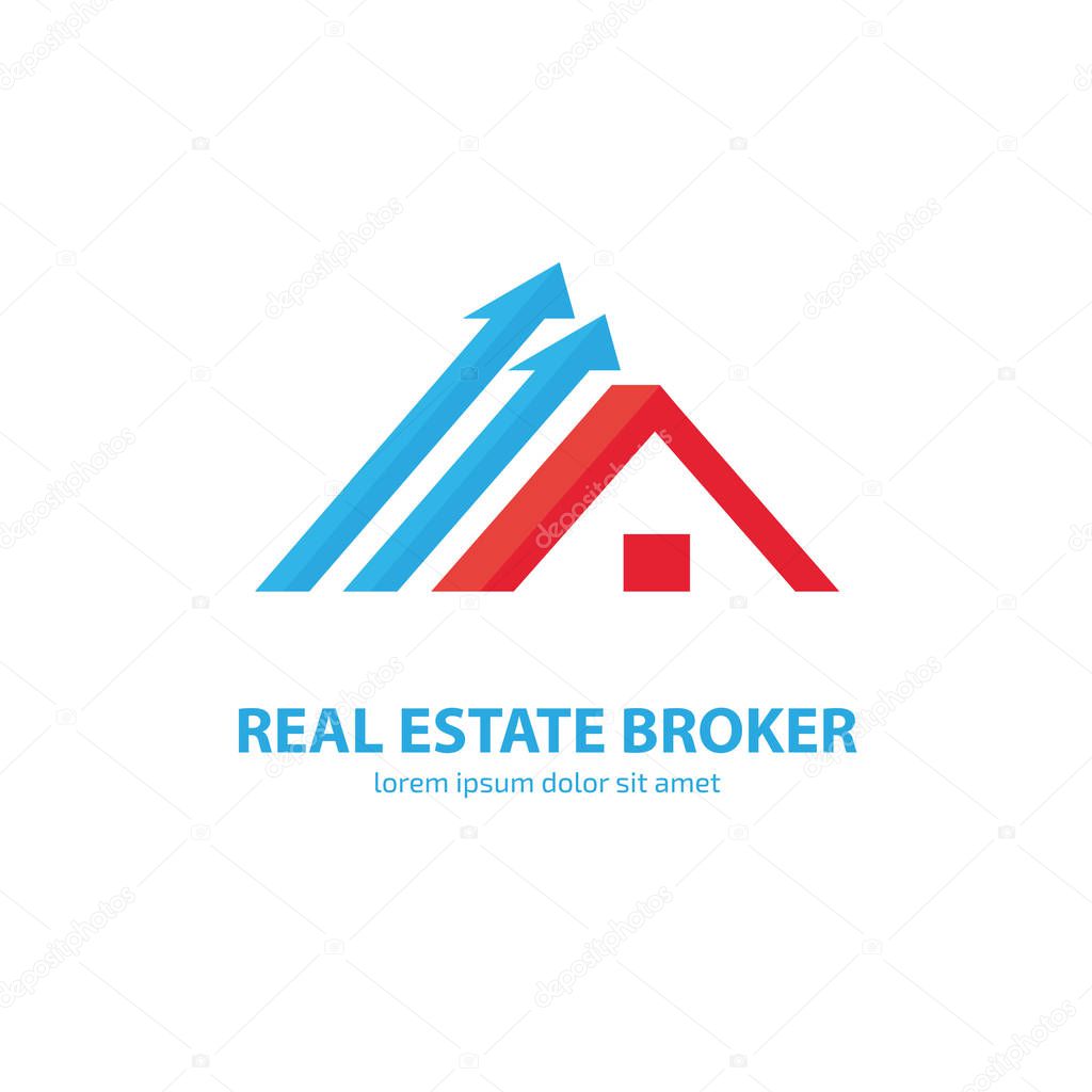 Illustration design of logotype house sale agency . Arrow and building pictogram.