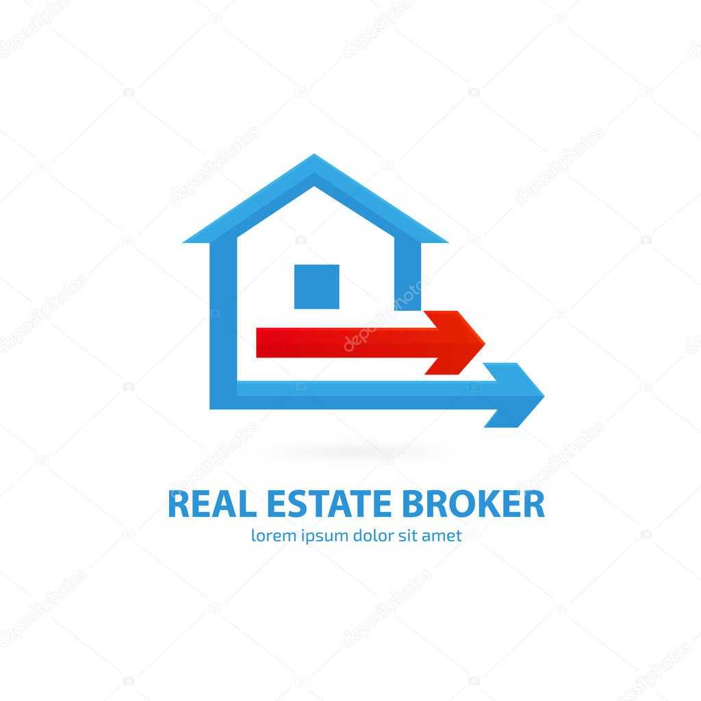 Illustration design of logotype house sale agency . Arrow and building pictogram.