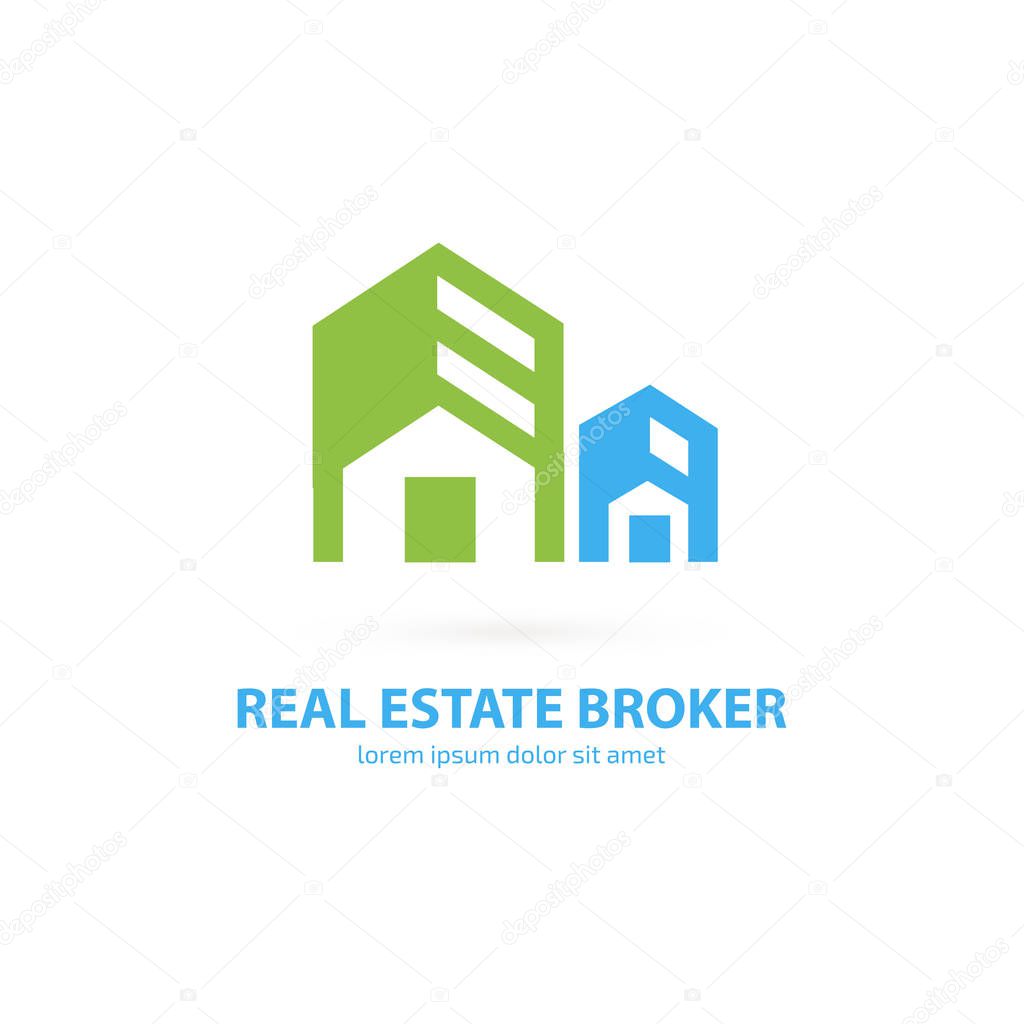 Illustration design of logotype house sale agency . Arrow and building pictogram.