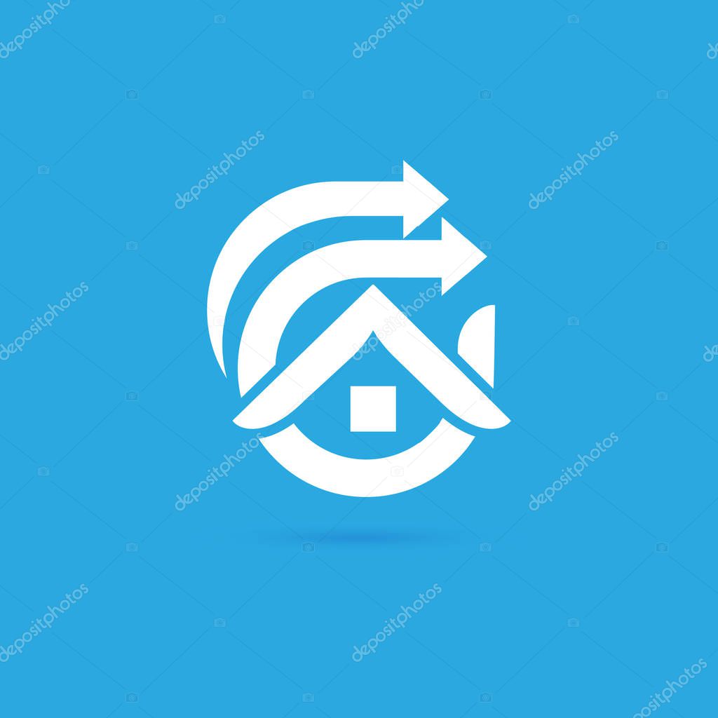Illustration design of logotype house sale agency . Arrow and building pictogram.