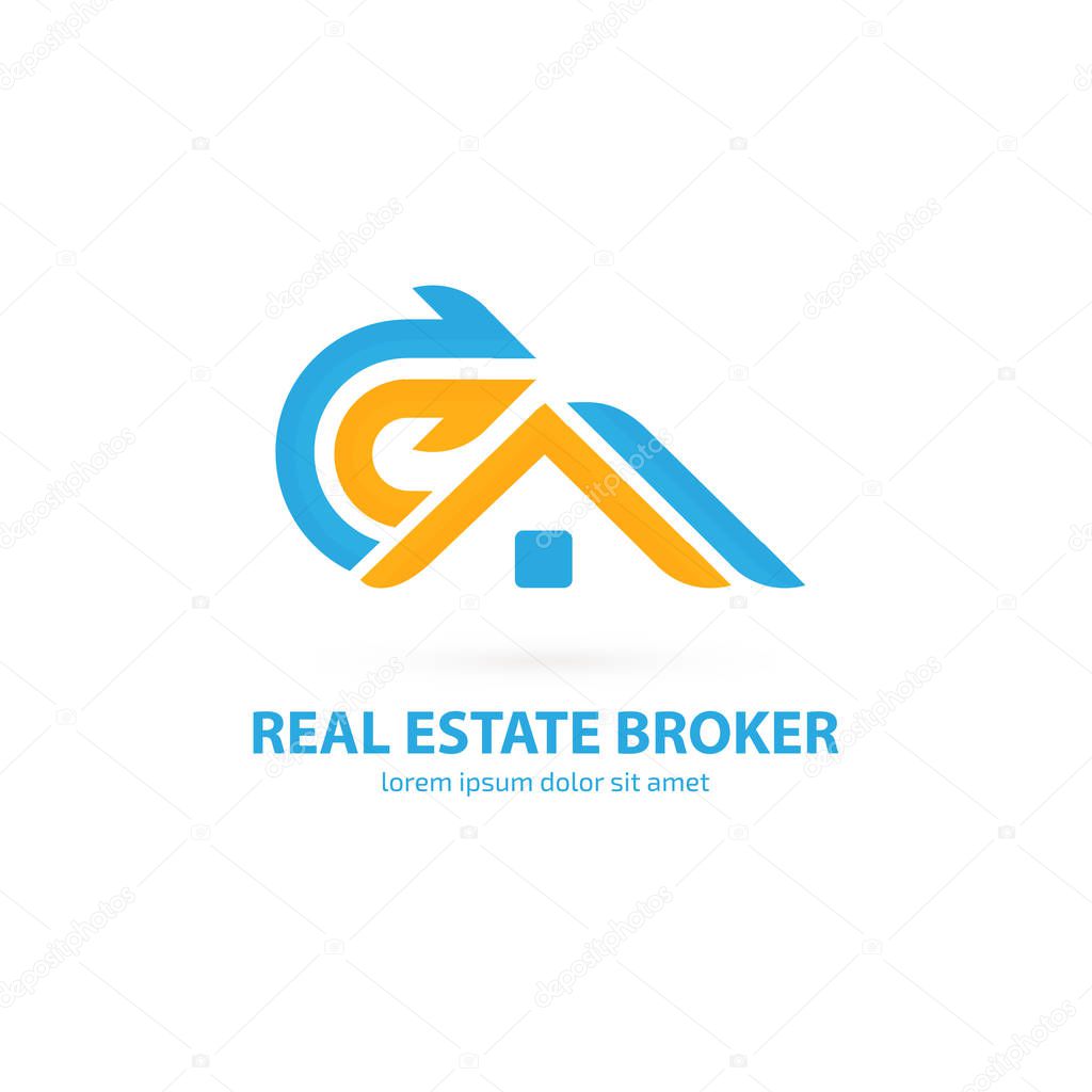 Illustration design of logotype house sale agency . Arrow and building pictogram.