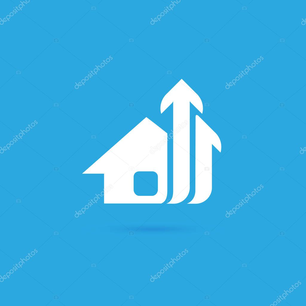 Illustration design of logotype house sale agency . Arrow and building pictogram.