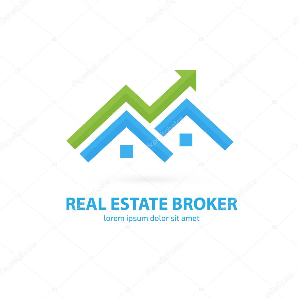 Illustration design of logotype house sale agency . Arrow and building pictogram.