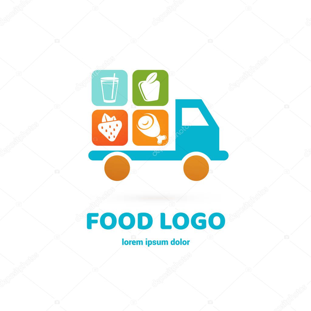 Vector design logo food delivery. Food pictogram, car abstract icon
