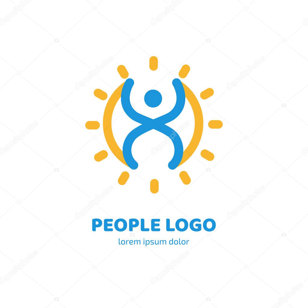 Illustration design of logotype business happy person symbol. Vector sun and man web icon.