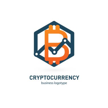 Vektör tasarım logo finans ve e-ticaret. Bitcoin piktogram, sanal para soyut simgesi